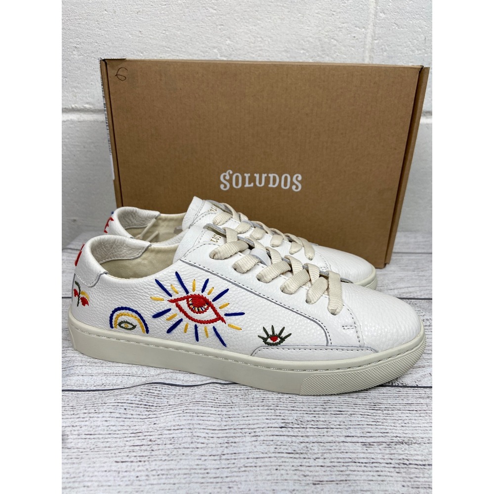 Soludos Ibiza Look Sneakers Embroidered Leather Eye Rainbow White US 6 NIB‎